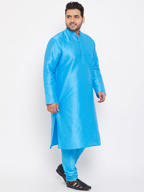 Vastramay Men's Plus Size Aqua Blue Silk Blend Kurta Pyjama Set